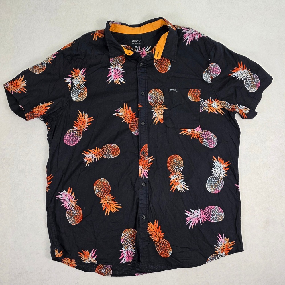 Matix Mens XXL Pineapple Print Short Sleeve Button Shirt Black Orange Tropical‎
